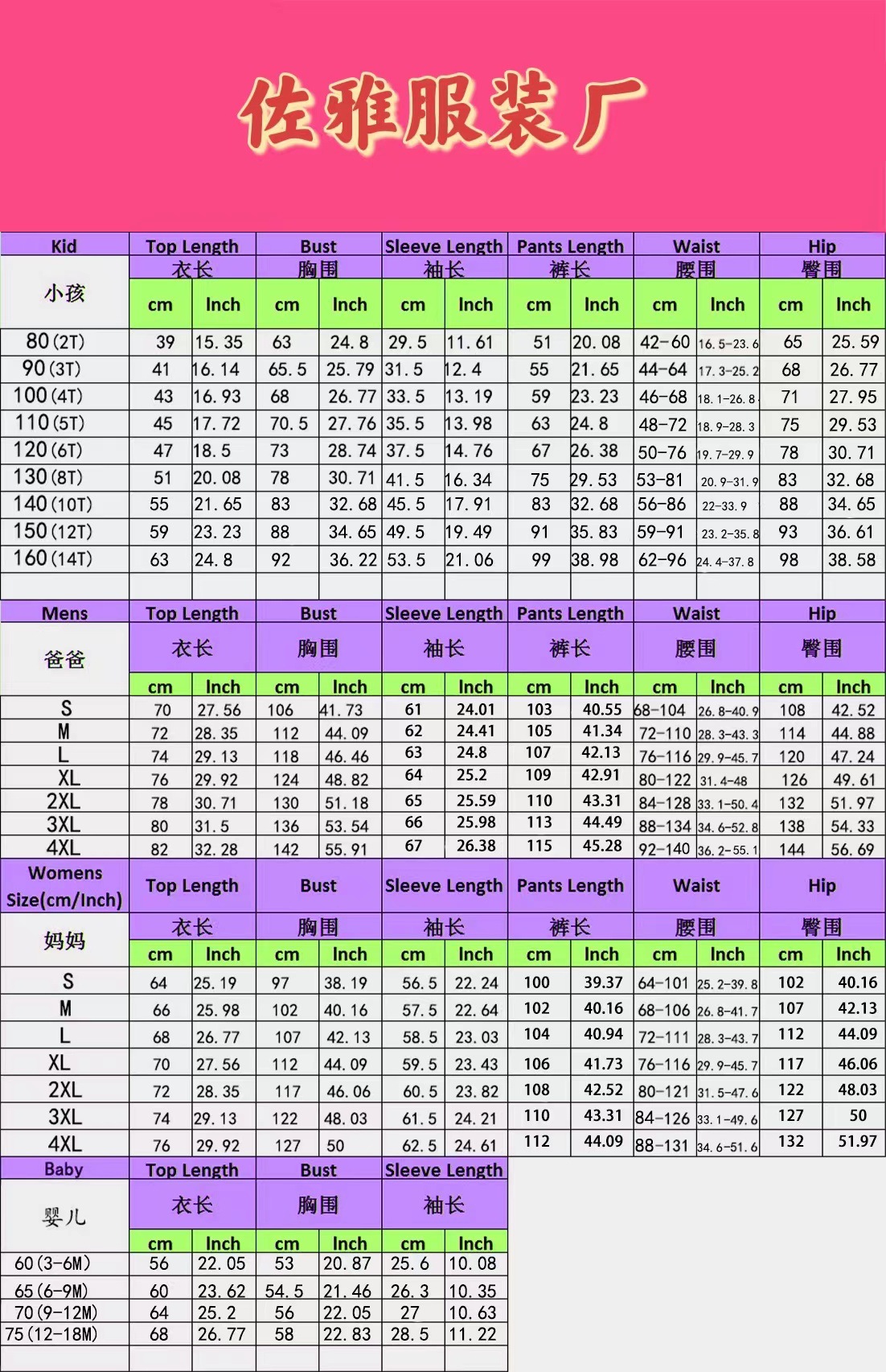 平袖尺寸表