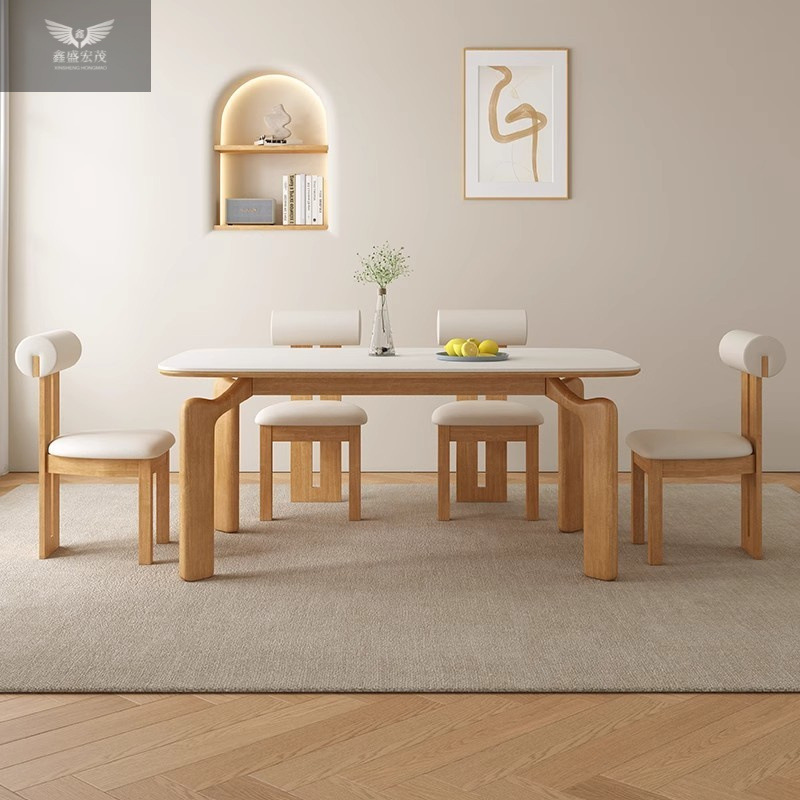 Nuevo estilo medieval crema mesa de comedor de madera maciza tronco de pierna de elefante combinación mesa de comedor de tablero de roca estilo japonés rectangular