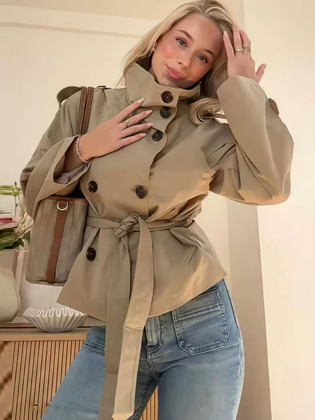 Amazon Aliexpress European and American Cross-Border Stylish Design Stand Collar Lace-Up Double-Breasted Short Trench Coat for Women