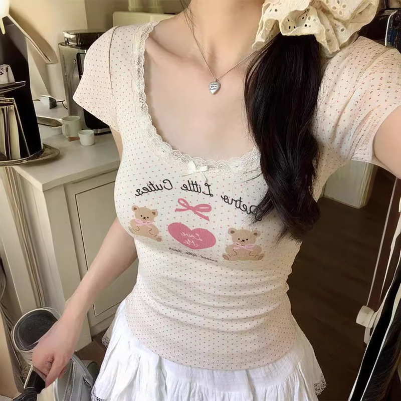 Little Bear Love Song Gentle Atmosphere Soft Lace Polka Dot Short-Sleeve Sweet T-Shirt for Women, Pure Desire Slim Fit Slimming Top