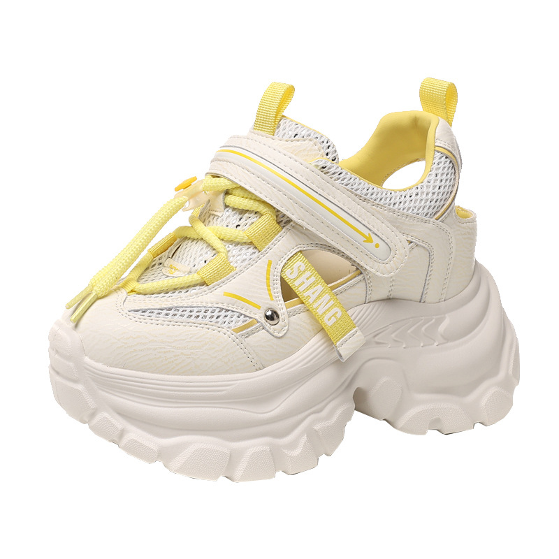 Giày sneaker nữ đế dày chunky thoáng khí mặt lưới đục lỗ độn cao bên trong — Màu trắng