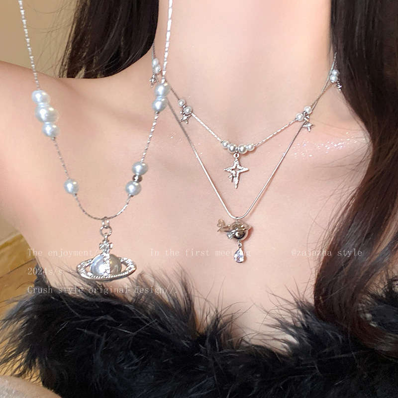 Empress Dowager Double Layer Planet Pearl Necklace Wholesale Light Luxury Niche High-End Saturn Pendant Clavicle Chain Accessories for Women