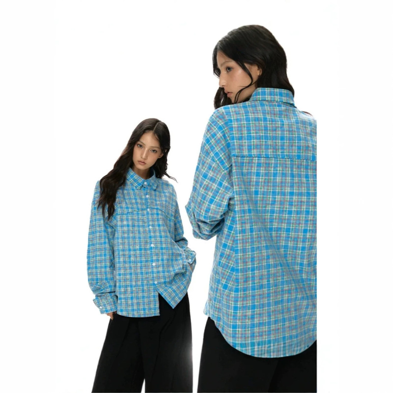 New autumn blue plaid casual long-sleeve shirt for women, American retro intellectual style, loose fit, suitable for layering as a shirt jacket New autumn blue plaid casual long-sleeve shirt for women, American retro intellectual style, loose fit, suitable for layering as a shirt jacket