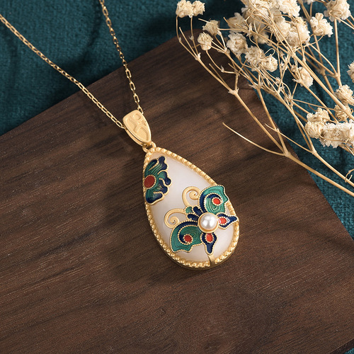 Chinese style cheongsam and Hanfu accessories copper-plated 24K gold inlaid imitation Hetian jade pendant enamel cloisonné necklace