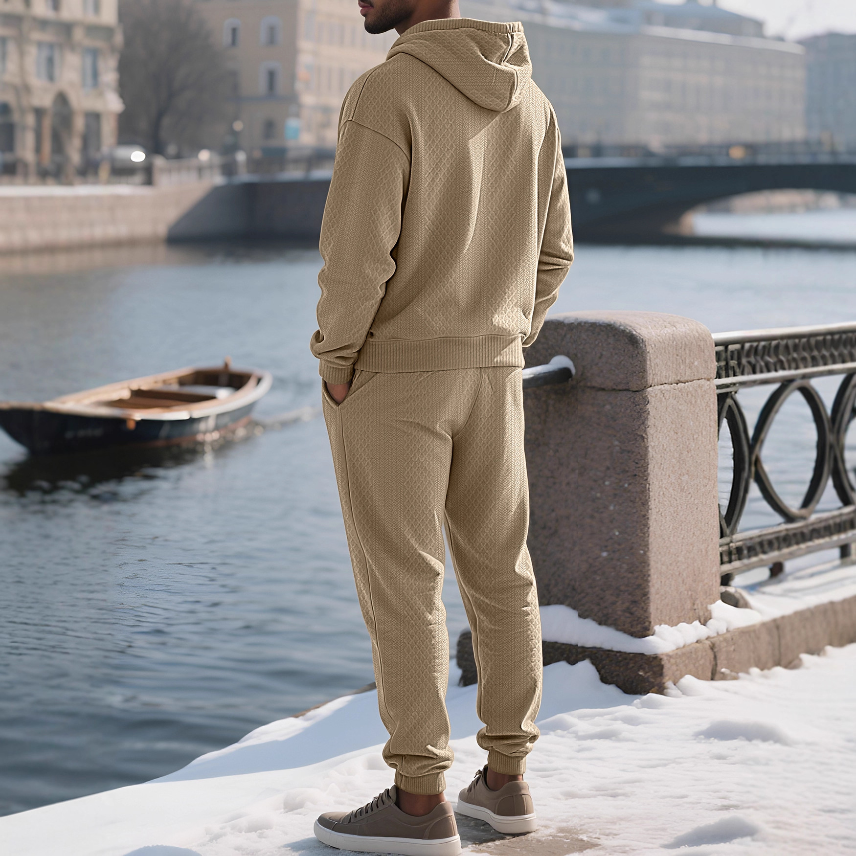 Transfronterizos TK primavera y otoño hombre deportivo relajado pantalones largos de manga larga Jacquard grande conjunto de sudadera con capuz