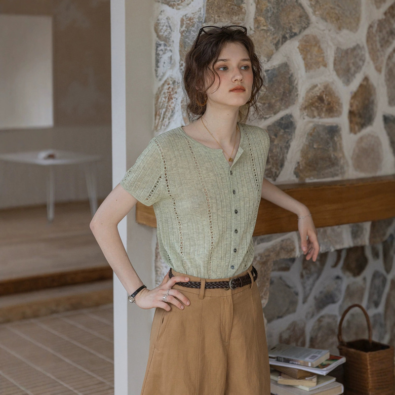 Tencel and Linen Blend Ribbed Hollow-Out Short-Sleeve Knit Top, Summer 2026 New Design, Niche Thin Style Shirt