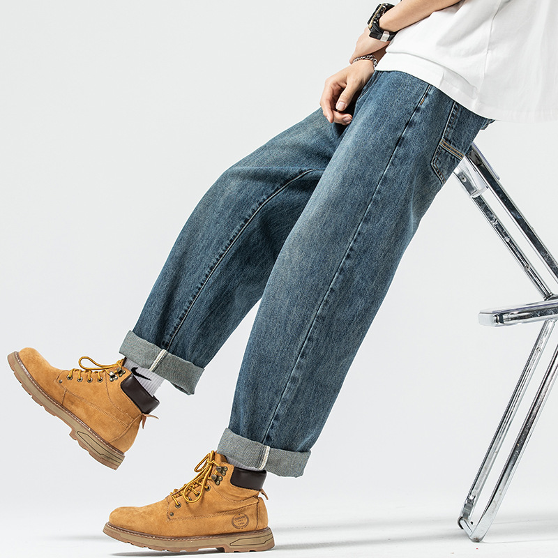 WOODSOON men's jeans spring and autumn High Street straight pants wide leg youth casual draping fleece-lined pants men