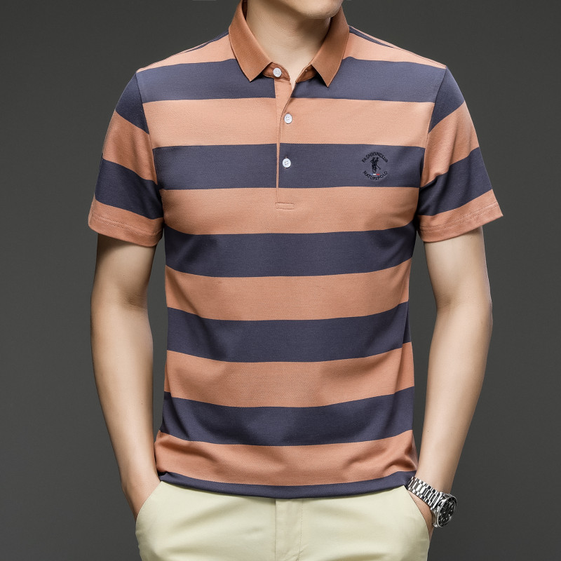 Exclusivo transfronterizo para verano nuevo estilo de algodón bordado de manga corta camiseta de hombre a rayas casual solapa de gran tamaño camisa POLO para hombre
