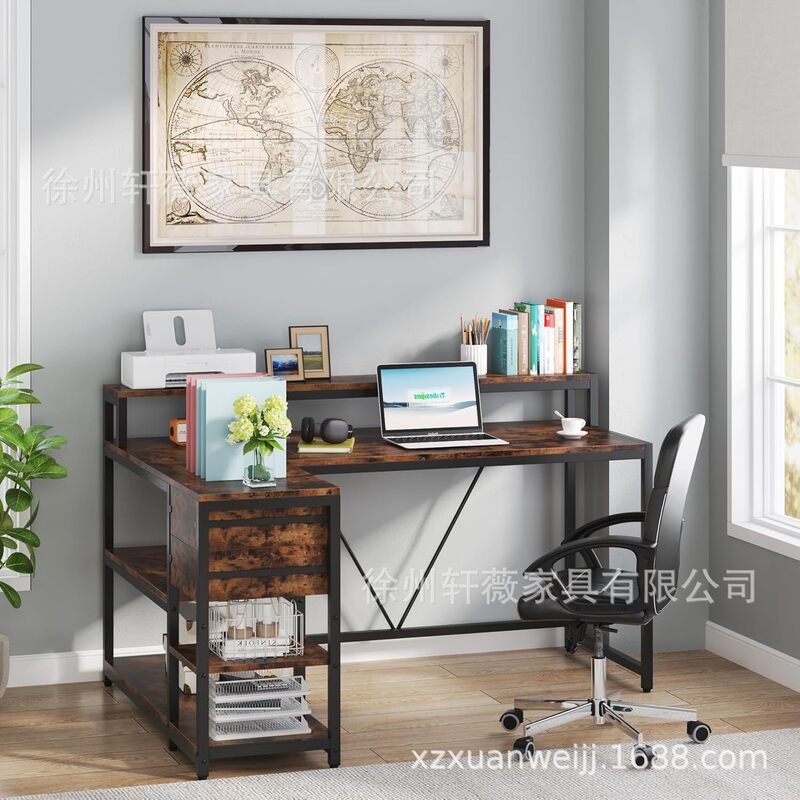 L-Shaped Desk with Drawers and Monitor Stand, Corner-Style with Storage Shelves, Small Home Office