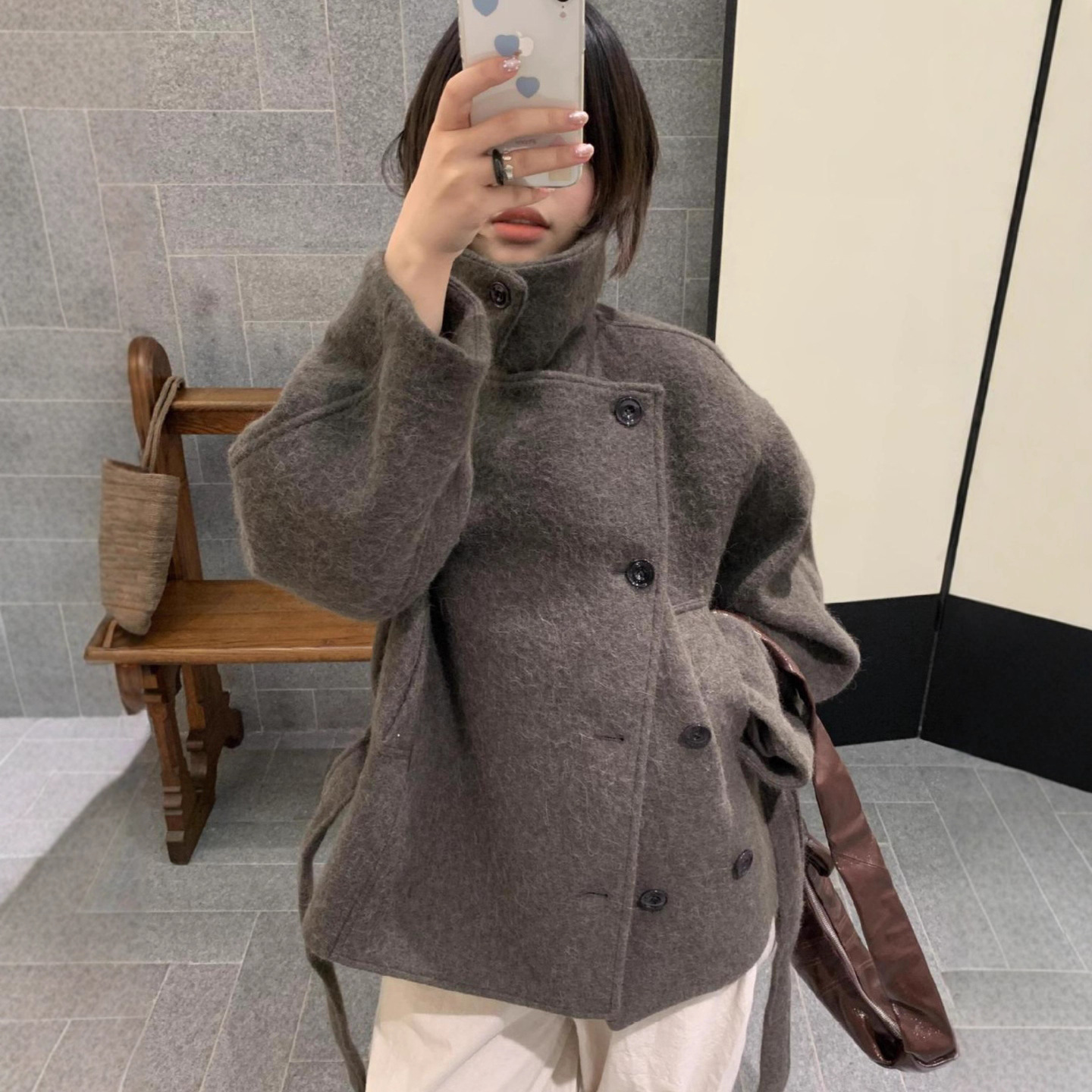 Old Money Style Lapel Wool Short Coat with Tie Bathrobe Short Jacket Camel Color Waist-Cinching Top Retro