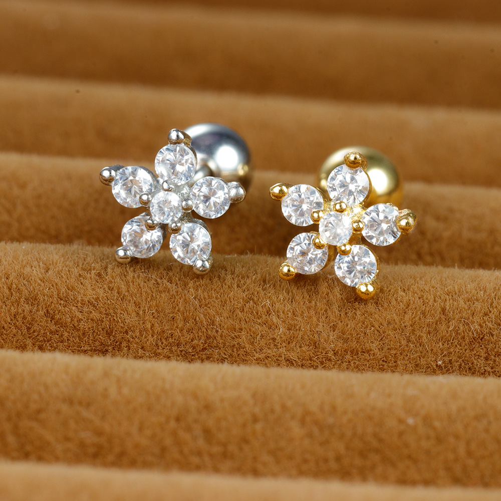 1 Pièce Sucré Brillant Fleur Placage Incruster Acier Inoxydable Zircon Boucles D'oreilles display picture 1