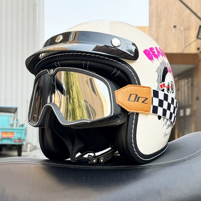 Motosiklet dəbilqələri locomotive four seasons can be equipped - m-milk-white-skull-retro-black-and-silver-goggles