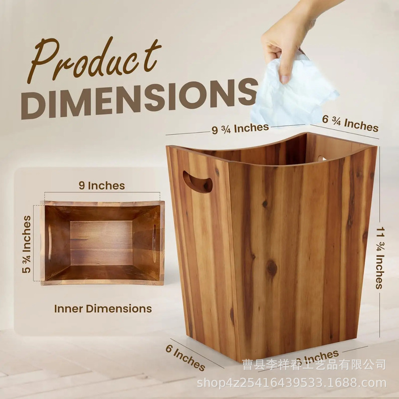 Cross-Border New Product Wooden Paper Bucket Bedroom Bathroom Retro Country Style Wooden Garbage Basket Trapezoidal Wooden Trash Can