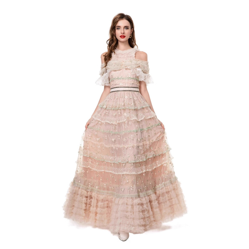 Fairy-Style Nude Pink Mesh Dress with Embroidered Flowers + Lace Splicing, High-Waisted and Slimming, Wedding Party Dress Fairy-Style Nude Pink Mesh Dress with Embroidered Flowers + Lace Splicing, High-Waisted and Slimming, Wedding Party Dress