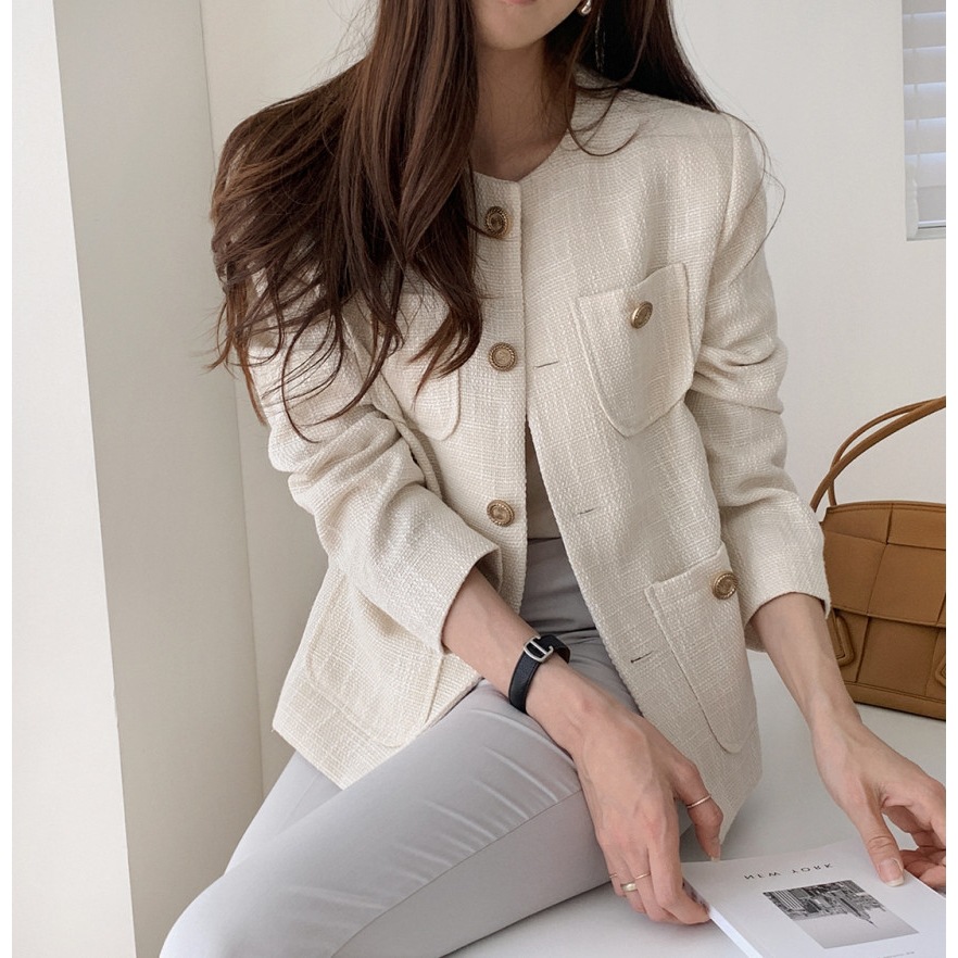 In Stock Korean Chic French Style Round Neck Small Fragrant Tweed Jacket