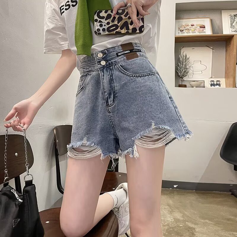light blue Wide-leg Denim Shorts Women's Summer New Arrival Ripped Edge Design Sense High Waist Slim-fit A- shaped Hot Pants Trendy