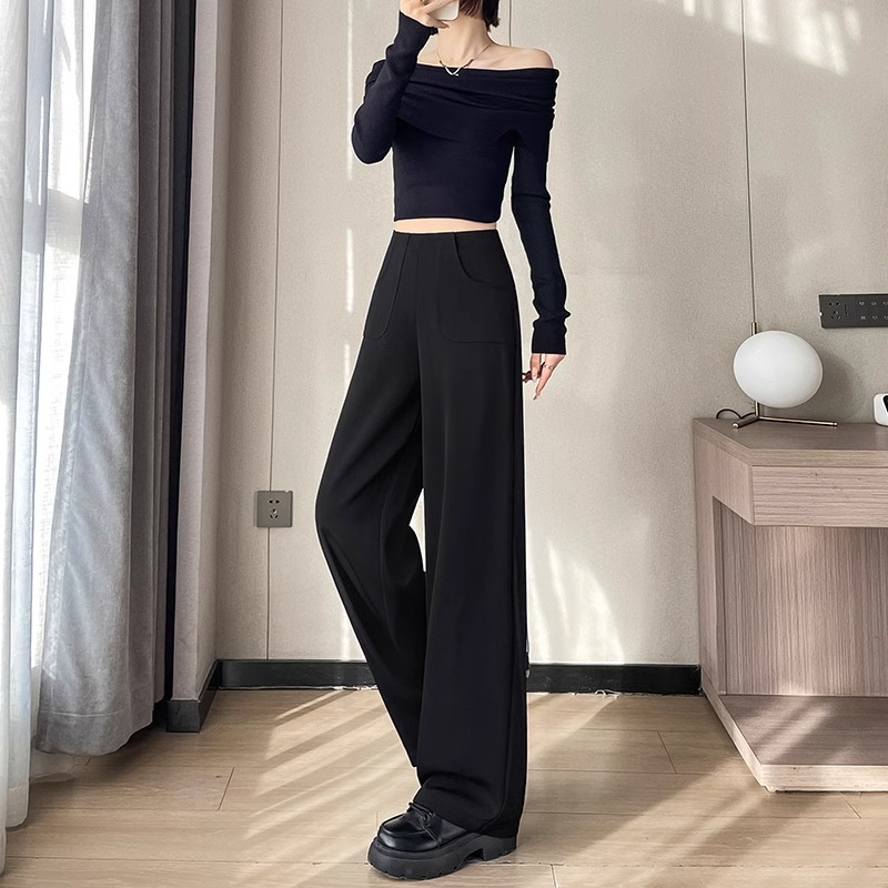 Pantalones de traje negro recto para mujeres primavera y otoño 2025 nuevos pantalones de piernas anchas de cintura alta y estrecha
