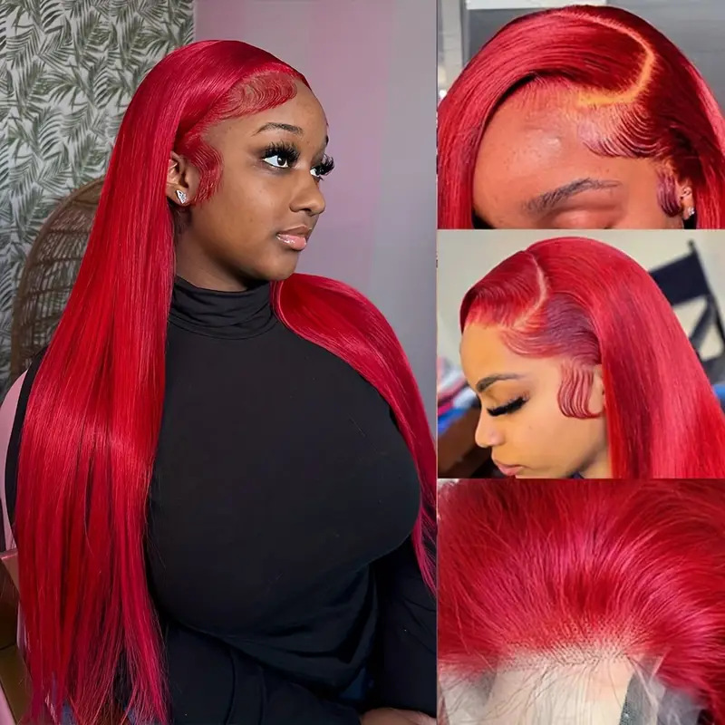 13X4 Lace Front Wig Human Hair Burgundy Long Straight Hair Front Lace Wig Full Head Cover
