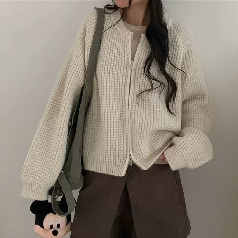 Double-zipper waffle knit cardigan with round neck for women, new autumn and winter fashion, casual, loose, versatile, thick sweater jacket Double-zipper waffle knit cardigan with round neck for women, new autumn and winter fashion, casual, loose, versatile, thick sweater jacket