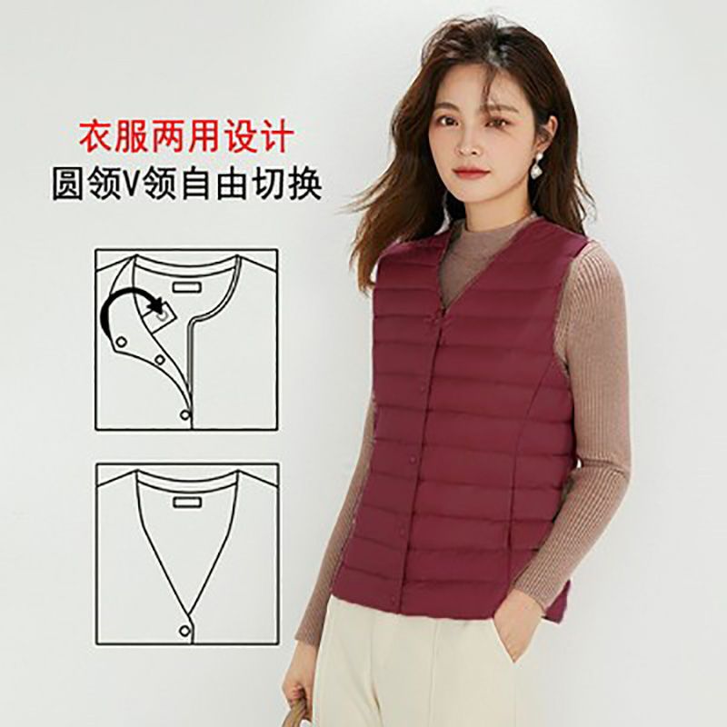 Otoño plumado ligero damas no cuello V chaleco blanco chaleco interior de caballo clip de hombro con chaqueta de base