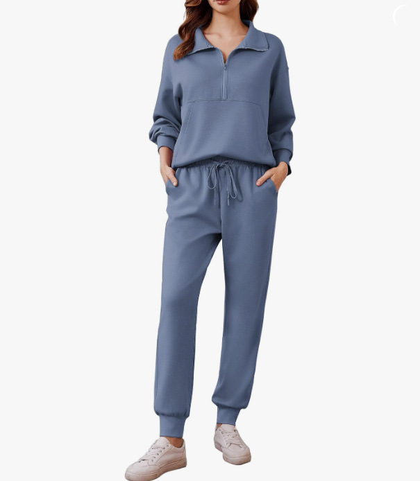 亚马逊女士两件套秋季旅行装长袖运动服慢跑套装半拉链运动服套装|undefined