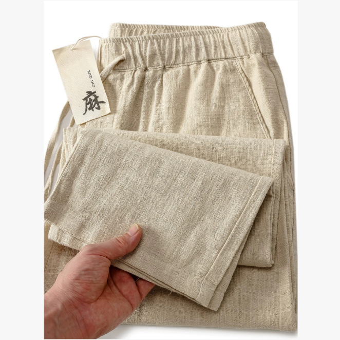 Cotton and Linen Long Pants, Spring and Autumn Style, Ramie Casual Pants, Men's Loose Straight-Leg Chinese Style New Elastic Waist Linen Pants
