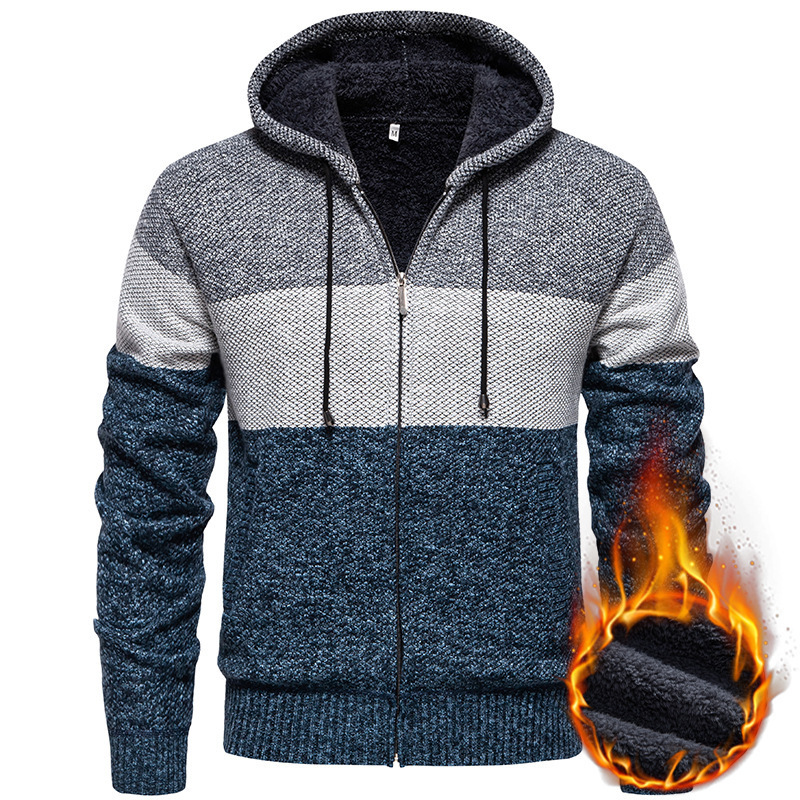 Foreign Trade Autumn and Winter Men's Color-Blocked Cardigan Jacket Plus Velvet Sweater Hooded Zipper Knitted Korean Style Sweater Foreign Trade Autumn and Winter Men's Color-Blocked Cardigan Jacket Plus Velvet Sweater Hooded Zipper Knitted Korean Style Sweater