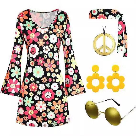 2024 Cross-border European and American Amazon Women Print 70 s Halloween Disco Costume dress Headless