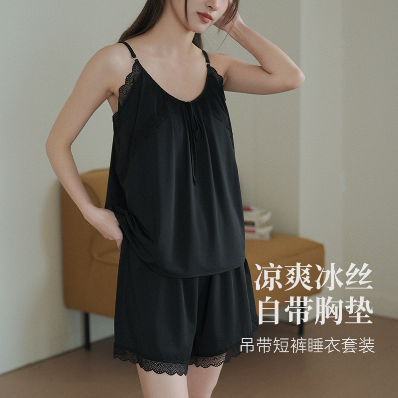 Fairy Suspender Shorts Suit Summer Thin Women's Ice Ribbon Chest Pad Sexy Lace Pajamas Pajamas Home Clothes Fairy Suspender Shorts Suit Summer Thin Women's Ice Ribbon Chest Pad Sexy Lace Pajamas Pajamas Home Clothes