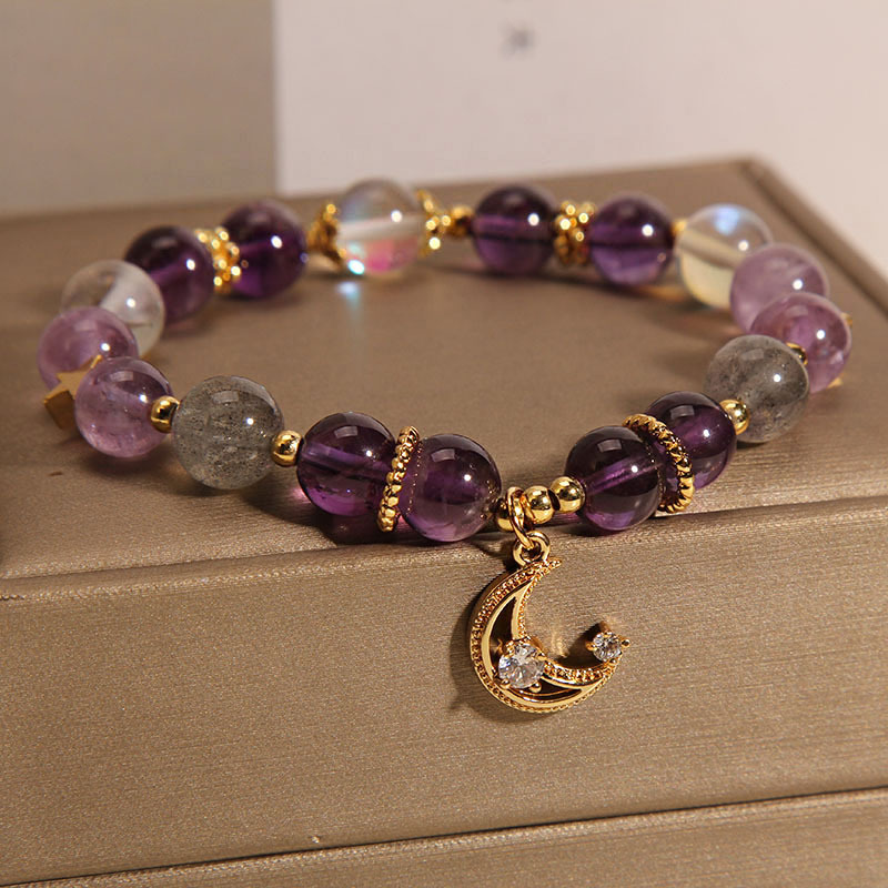 Pulsera de amatista natural hembra ins nicho Luz de lujo retro gris luz de la luna estrella Luna pulsera regalo para novias estudiantiles