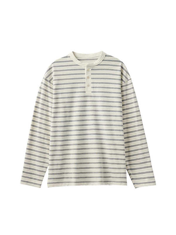 APO | クロスボーダーストライプ長袖メンズTシャツトレンディブランドルーズラウンドネックヘンリーネックインナートップボトリングシャツ男性用|undefined