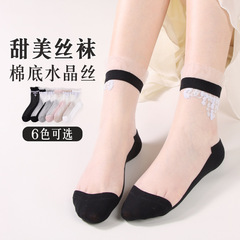 萬事達時尚透明水晶絲棉底女襪珍珠花水晶絲女襪水晶絲年女襪批發