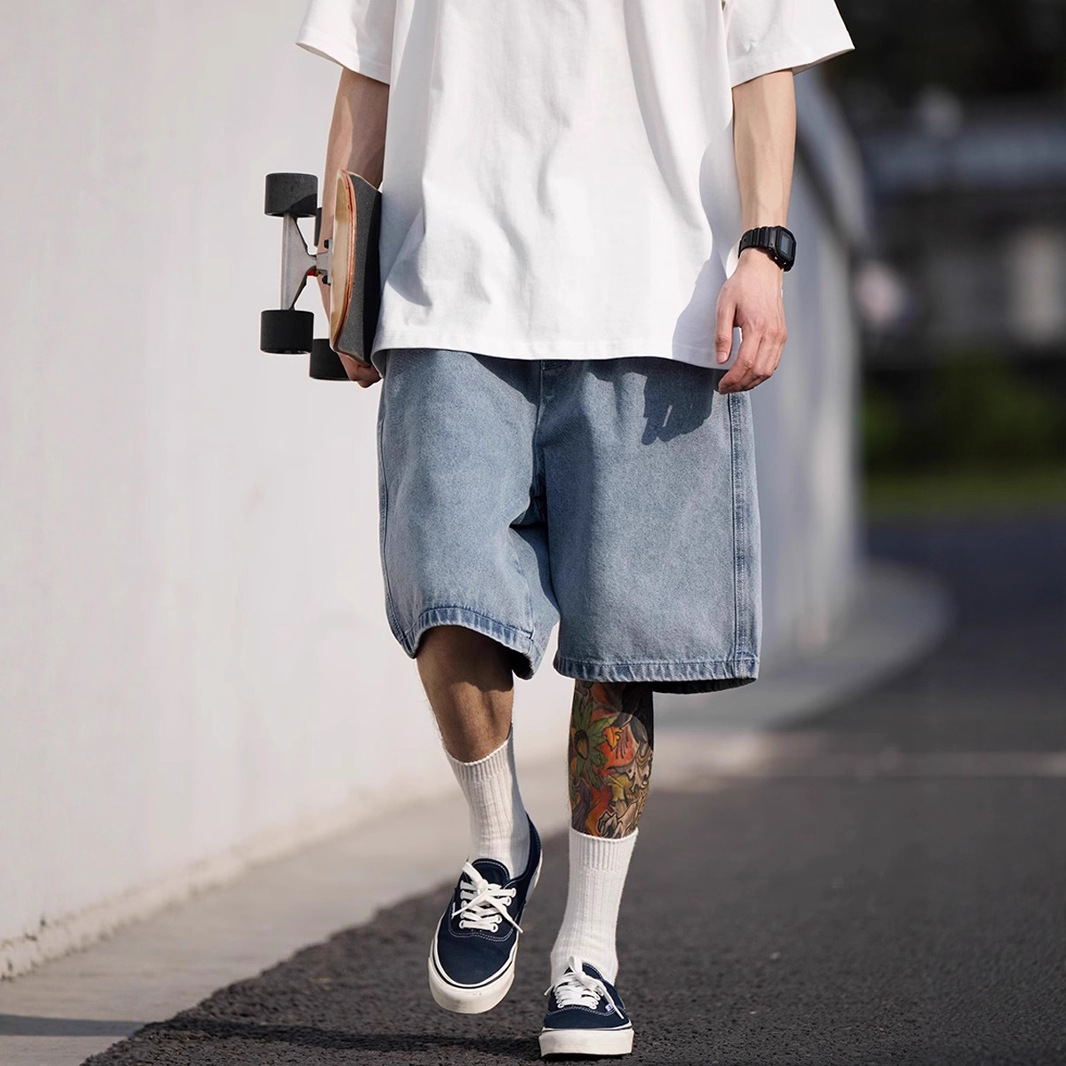日系复古牛仔短裤男夏季宽松休闲纯色五分裤街头潮牌中裤跨境爆款