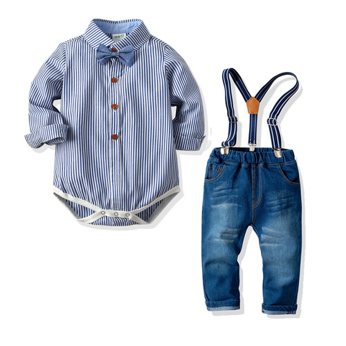 Cross-border baby suit, boy toddler, spring and autumn, triangular collar, tie, denim overalls set, crawling suit