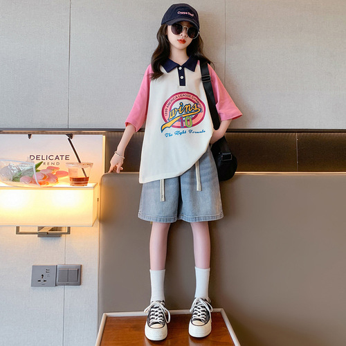 Girls' Short Sleeve T-Shirt  Stylish New Children's Summer Polo Neck Top Big Kids Retro Colorblock Half Sleeve Trendy T