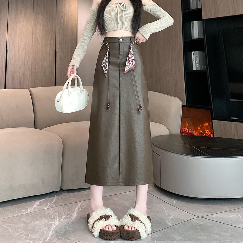黑色皮裙半身裙女秋冬长款后开叉包臀直筒一步裙高腰显瘦a字半裙|undefined