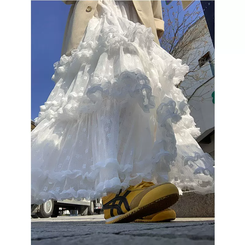 白色网纱蕾丝半身裙女春季2026新款松紧高腰显瘦垂坠感蓬蓬蛋糕裙