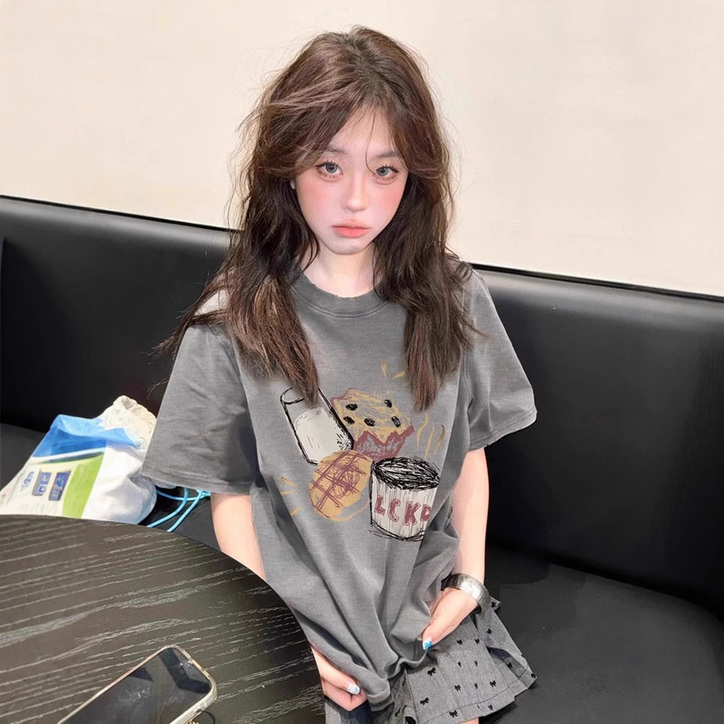 chubby girl American Style Retro Fun Printed Grey Shoulder Short-sleeved T-shirt Women's Summer New Loose Half-sleeved Trendy Top