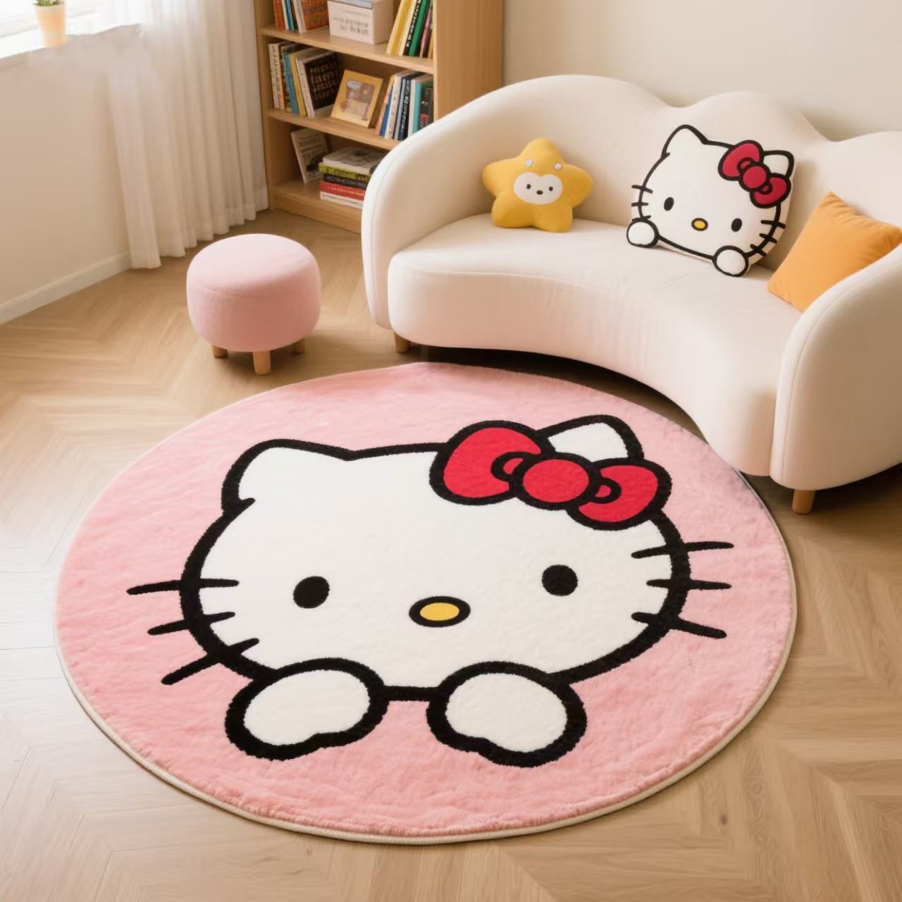 儿童房间卡通kt猫圆形地毯仿羊绒奶油ins风卧室书房阅读区床边毯