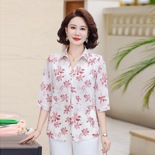 Summer New Mother Stylish Printed Shirt Middle-aged and Elderly Women's Wear Slimming Seven-point Sleeve Age-reducing Fashion Pullover Shirt
