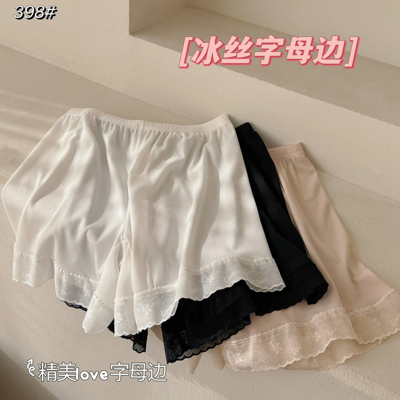 2026 Summer New Style Ice Silk Letter Lace Trim Three-Quarter Pants for Women, Comfortable and Breathable Anti-Exposure Safety Shorts for Outdoor Wear