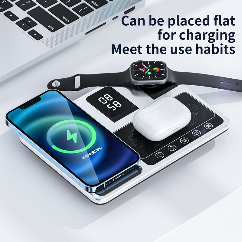 Cross-border desktop multi-function wireless fast charging clock mobile phone folding portable four-in-one wireless charger