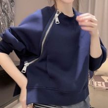 欧货秋冬女装新款设计感斜拉链时尚蓝色卫衣百搭套头小众上衣外套