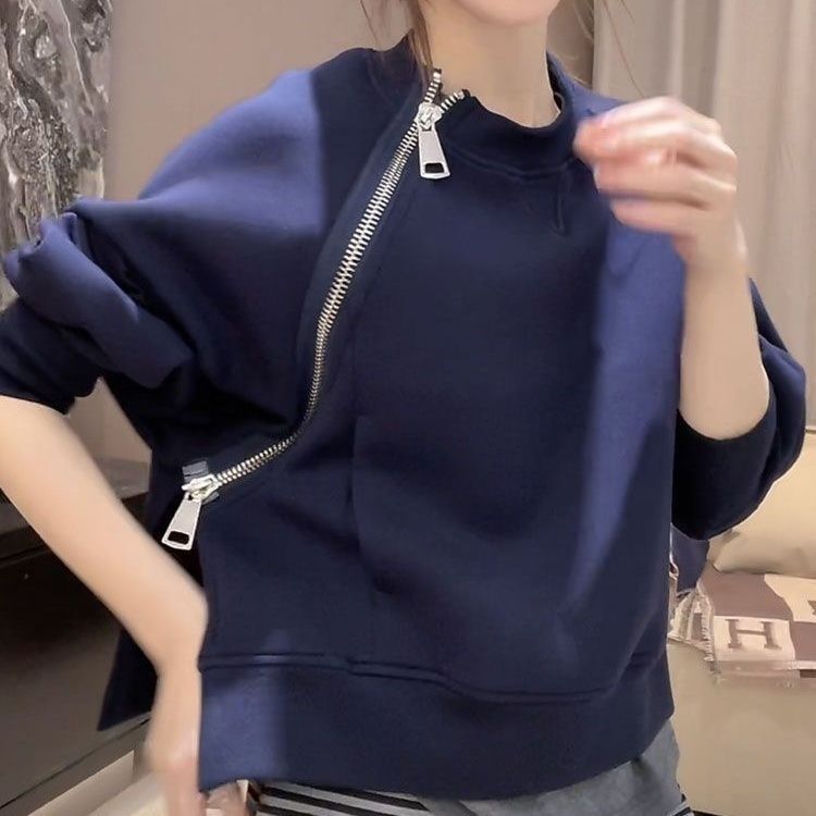 European Autumn and Winter Women's New Design Diagonal Zipper Fashion Blue Sweatshirt Versatile Pullover Niche Top Jacket