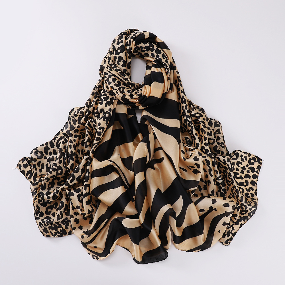 Leopard Print Patchwork Shawl Trendy Retro Style Long Silk Scarf Breathable Sunscreen Thin Women's Accessory_voghion.com