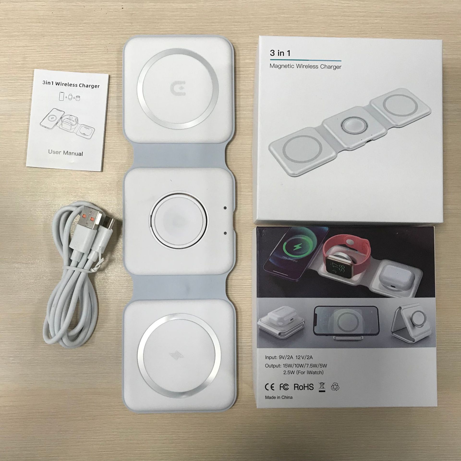 Folding Three-In-One Magnetic 15W Wireless Charger Suitable for Apple Mobile Phone 12-16 Charging Magnetic Wireless Charger