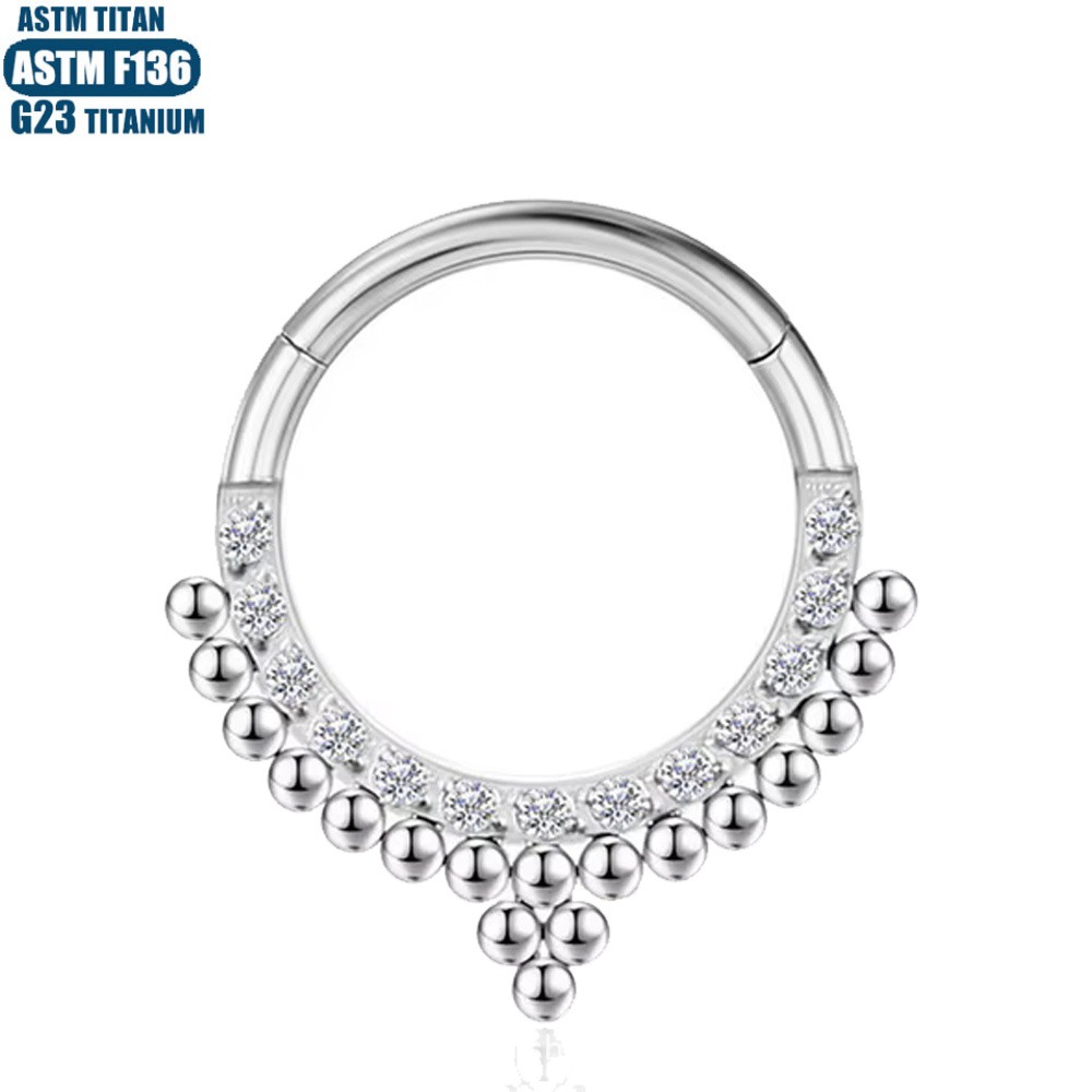 F136 Titanium Alloy Seamless Hinged Nose Ring Bead Cluster CZ Septum Earring - 1.2*12mm Black detail image 8