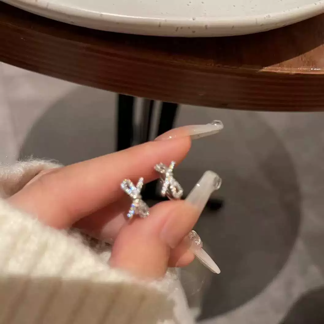 Earrings with bow with zircon, micro incrustation, internet celebrity