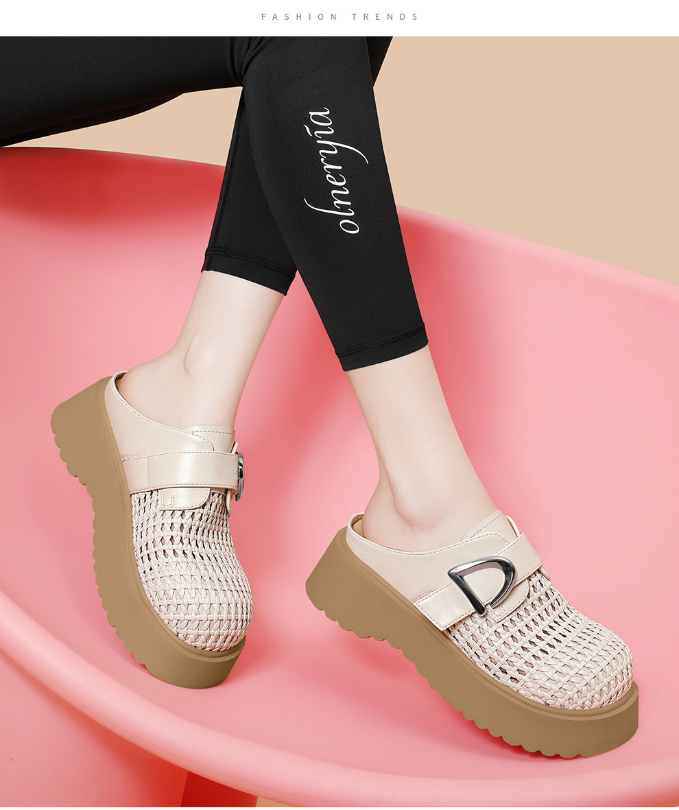 Giày mule nữ đế xuồng cao gót 5cm, dáng hở gót, thoáng khí, phong cách thời trang hè — 6103 Màu be, 6103 Da đen chi tiết 7