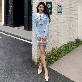 蓝混色钻饰针织小开衫弹力短裙小香风连衣裙三件套 这里是连衣裙